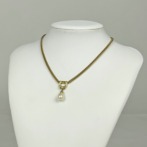 Christian Dior Logo Pearl Necklace Rhinestone GP Gold - Picture 4 of 4